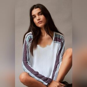 Free People Off White Thermal Oversized Top With Tapestry Print Details